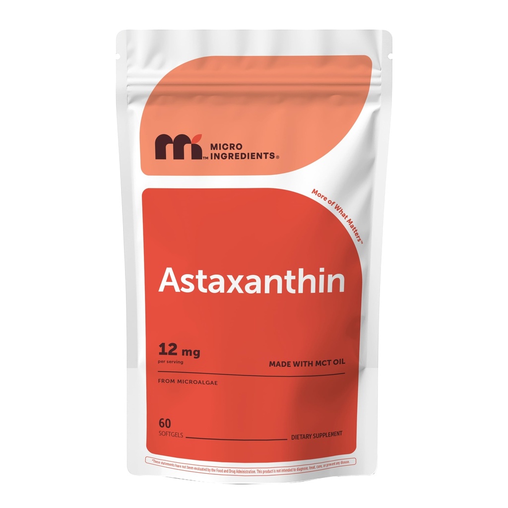 Micro Sastāvdaļas Astaksantīns 12mg ar MCT eļļu, 60 softgeli, Svaigs mikroaļģes Avots, 