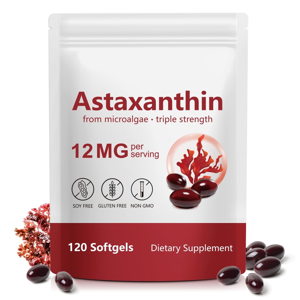 Premium Astaksantīns 12mg,120 Softgels – Dabīgs antioksidants Acu, locītavu, ādas veselības, mikroaļģu avots – 4 mēnešu piedāvājums – atbalsts iekšējai cirkulācijai un dabiskai miecēšanai, ne-GMO