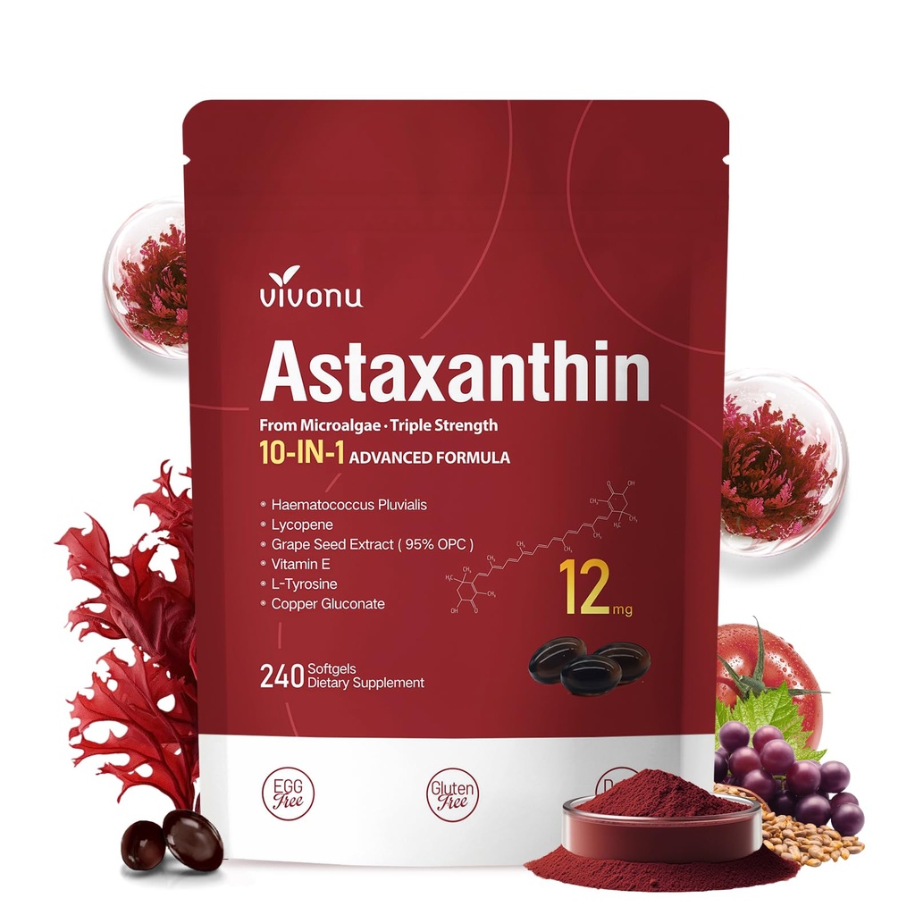 10 in 1 Astaksantīns 12 mg piedevas, 4 mēnešu piegādes, Astaksantīna Antioksidants no svaigiem Haematococcus Pluvialis, Satur likopēnu, vīnogu sēklu, E vitamīnu, un vairāk atbalsta acu, locītavu, ādas veselību