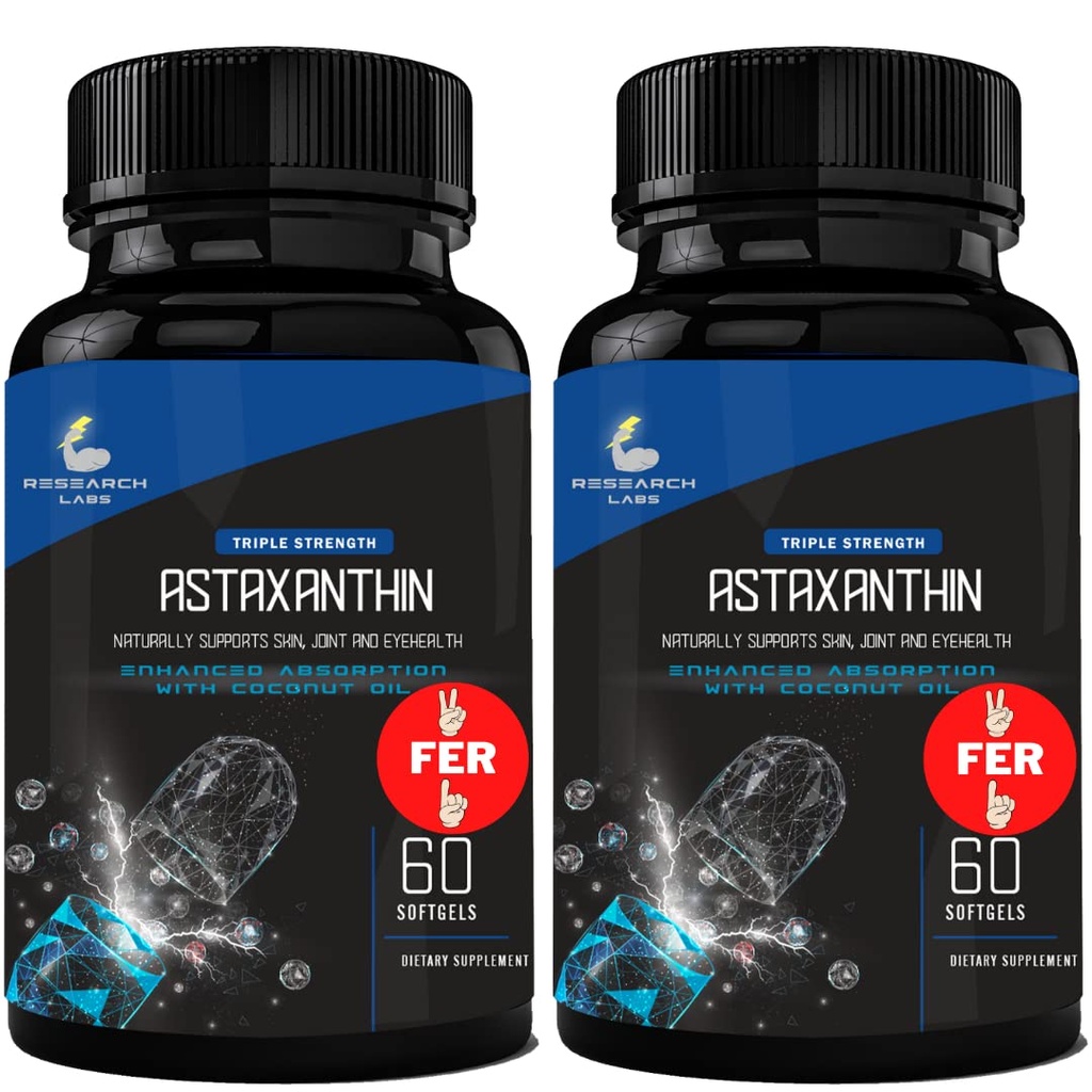Pētījumi Laboratorijas Triple Strength Dabas astaksantīns 12mg Softgels + Extra Bottle Organic Kokosriekstu eļļa pastiprināta Absorbcija Jaudīgs Antioksidants atbalsta acu locītavu un sirds veselību 120 Kopā Softgels