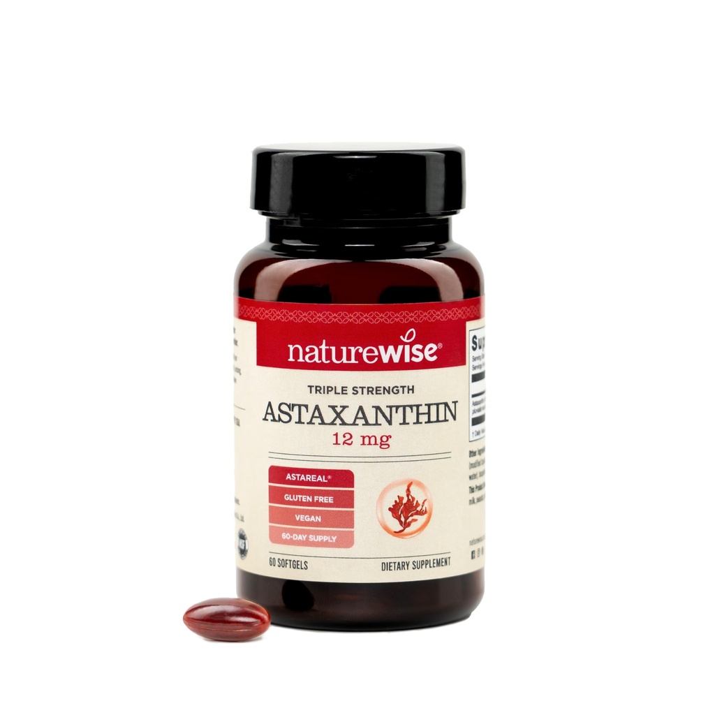 NatureWise Triple Strength Astaksantīns 12mg ar AstaReal® - Vegan Antioksidants Papildinājums ar organisko kokosriekstu eļļu - NSF Certified Gluten Free, Non-GMO - 60 Softgels[60 dienu piegādes]