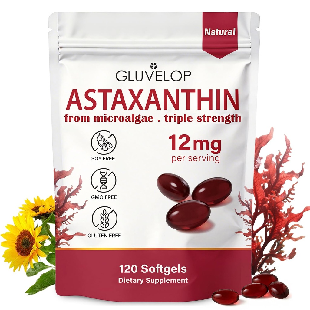 Astaksantīns 12mg, Premium Astaksantīns Antioksidantu piedevas, atbalsta acu, ādas, imūno, iekšējo cirkulāciju, svaigu mikroaļģu avots, Triple Strength, ne-GMO, 4 Mēnešu Piedāvājums, 120 Softgels