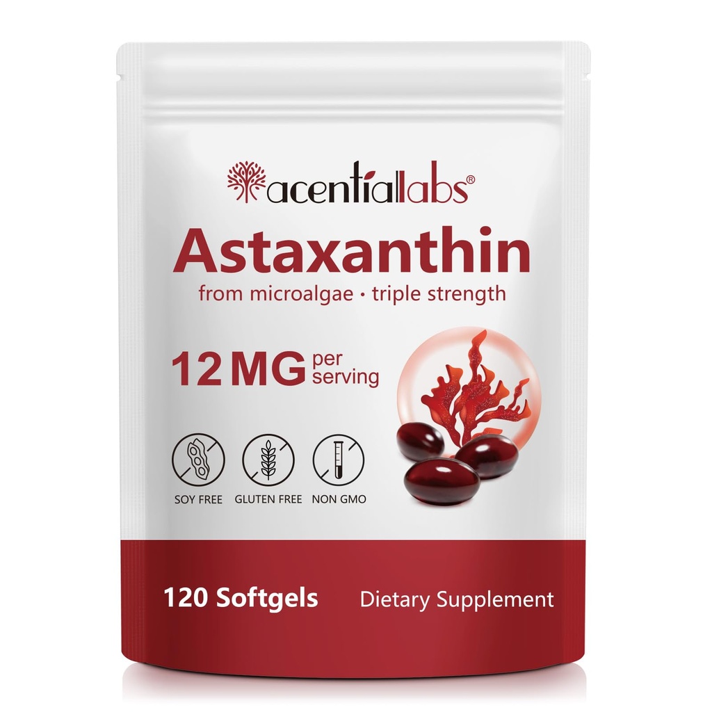 Astaksantīna bagātinātāji 12mg - 120 Softgels            ) Premium Dabīgs antioksidants no mikroaļģēm    ) Acu, ādas, smadzeņu, locītavu, sirds un imūnās veselības atbalsts ;
