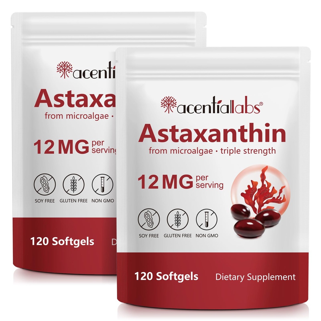 Astaksantīna bagātinātāji 12mg - 120 Softgels            ) Premium Dabīgs antioksidants no mikroaļģēm    ) Acu, ādas, smadzeņu, locītavu, sirds un imūnās veselības atbalsts ;