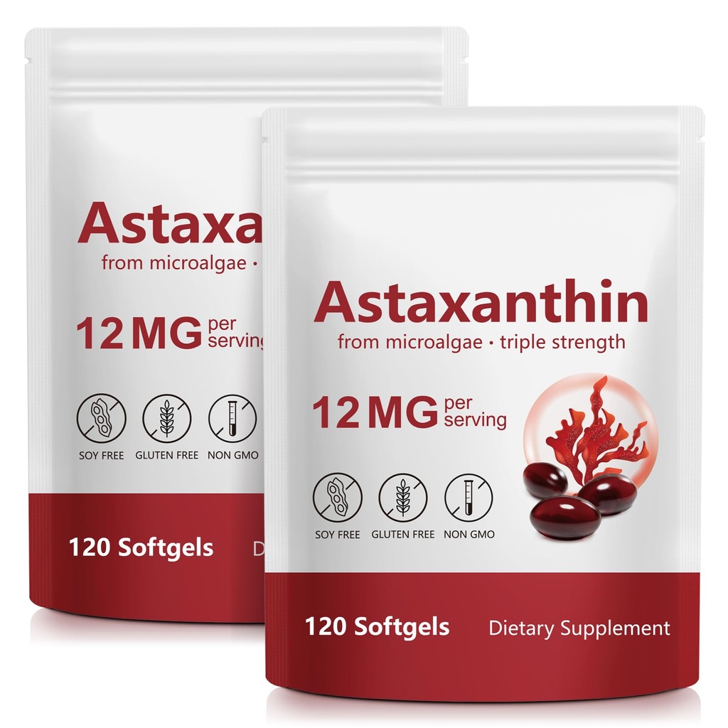ITDAWN Astaksantīns 12mg 2 Iepakojums, Antioksidants Papildinājums Acīm, Ādas atbalsts, Natural Microalgae Avots, 240 Softgels