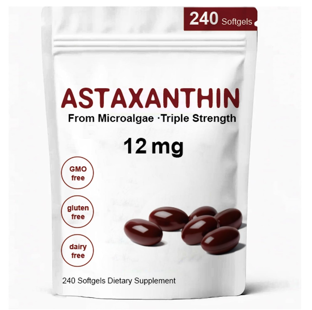 Astaksantīns 12mg, Premium Astaksantīns Antioksidantu piedevas ar antioksidantu aktivitāti, atbalsta acu, imūnsistēmu, ādas veselību, iekšējo cirkulāciju-240 Softgeli