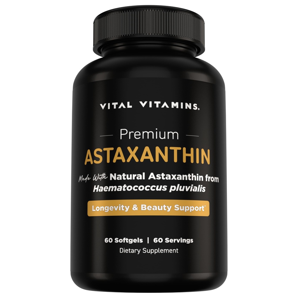 Vitamīni Astaksantīns 12mg Softgels - izgatavots ar dabisko astaksantīnu - papildinājums, lai veicinātu ādas hidratāciju, elasticitāti - aizsargā šūnas pret ikdienas bojājumiem - Vegan, ražots ASV - 60 Soft Gels