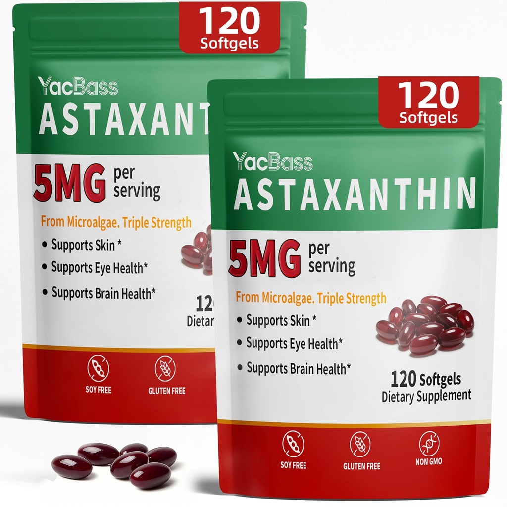 2Iepakojums Astaksantīna papildinājumi 12mg - Premium astaksantīns acu, smadzeņu, ādas un imūnās sistēmas atbalstam, mikroaļģu avots, 240 softgeli