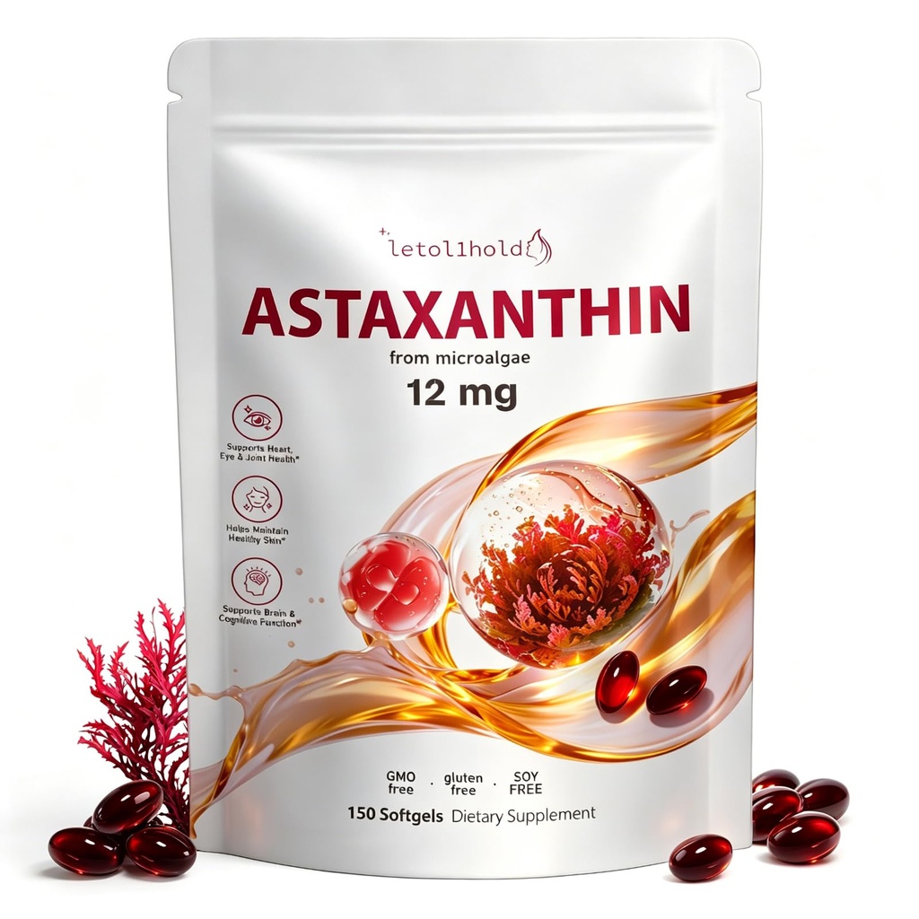 Astaksantīns 12mg, 150 Softgels - 5 Mēnešu Piedāvājums, Astaksantīna piedevas, kas nāk no svaigiem mikroaļģēm, ne-ĢMO, bez lipekļa, viegli norīt