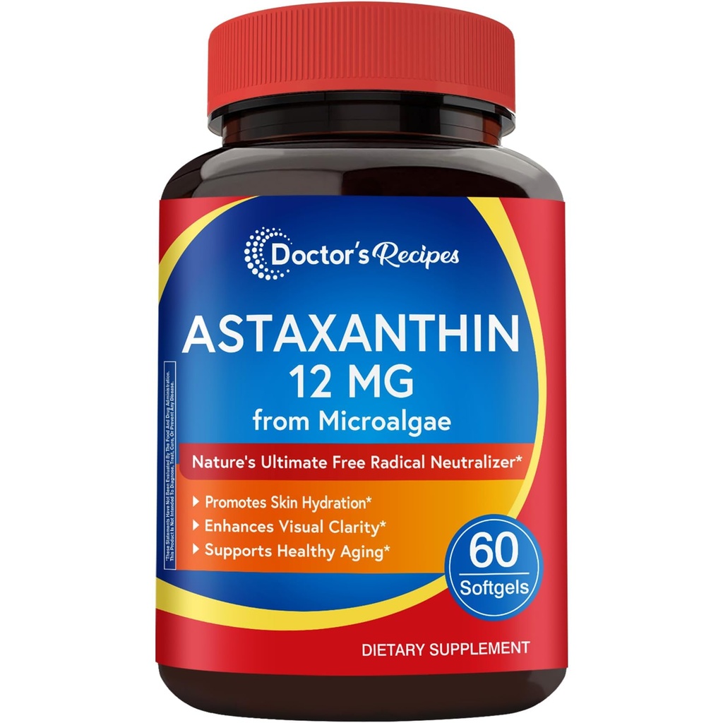 Ārsta receptes Astaksantīns 12 mg no svaigiem mikroaļģēm, maksimālais stiprums, bez lipekļa, ne-GMO, atbalsts ādai, acīm, kaulu un imūnās sistēmas veselībai, 60 softgeli