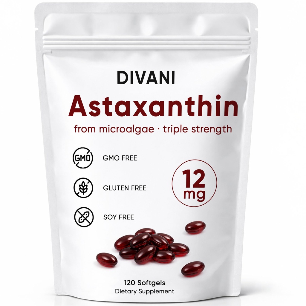 DIVANI Astaksantīns 12 mg, Antioksidants Papildinājums ikdienas labsajūtai, Imūns, acu un ādas atbalsts, ne-GMO, bez lipekļa - 120 softgeli