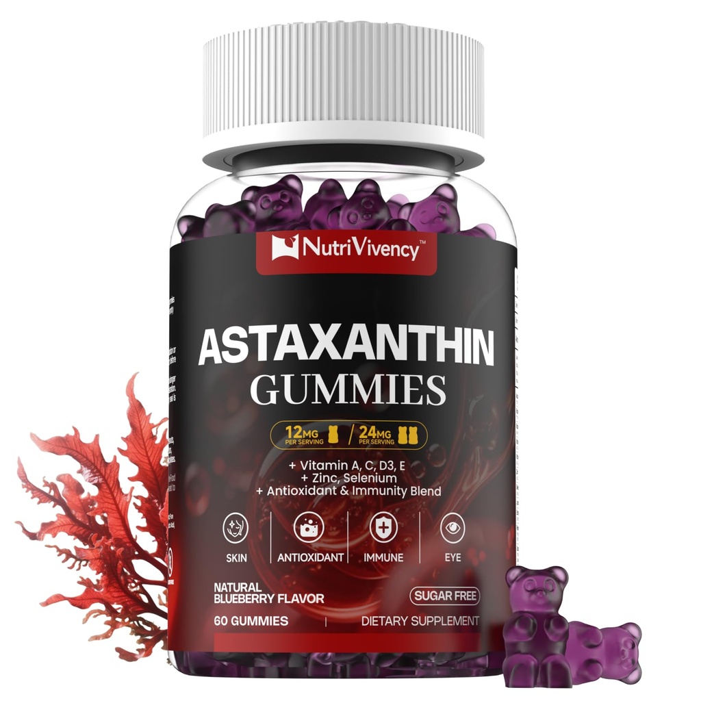 Astaksantīns Gumijas, 12 mg Per Gummy 24 mg Max, Astaksantīna piedevas ar vitamīnu A/C/D/E, Resveratrol, 14-IN-1 Antioksidanti Blend vīriešiem, āda, acis, Imūnsupports, bez cukura, Vegan, 60 Ct