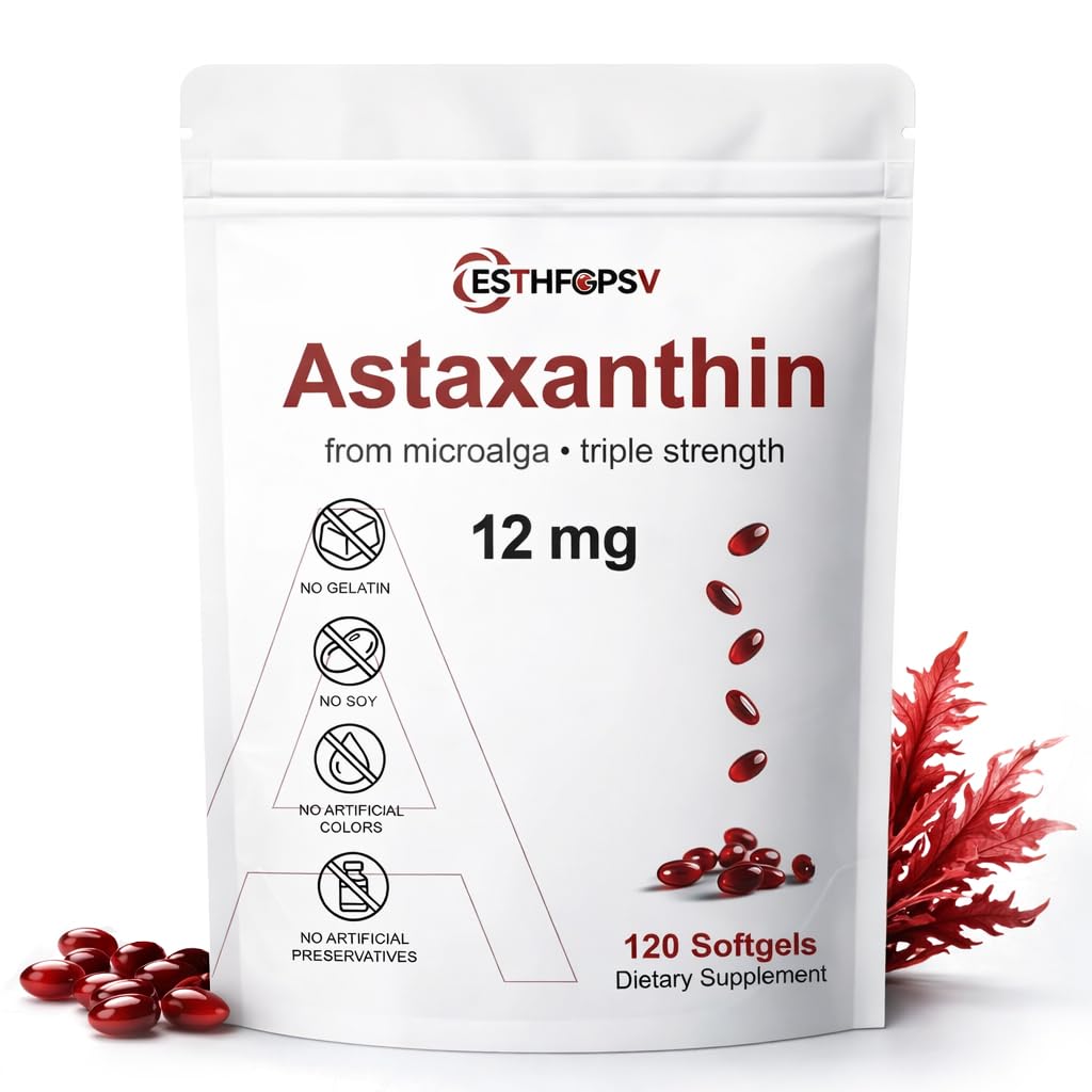 Premium Astaksantīns 12mg Antioksidants Papildinājums ar E vitamīnu – 120 softgeli, 4 mēnešu piegādes, mikroaļģu avots, atbalsta ādu, acu un locītavu veselību, bez GMO, bez lipekļa un sojas