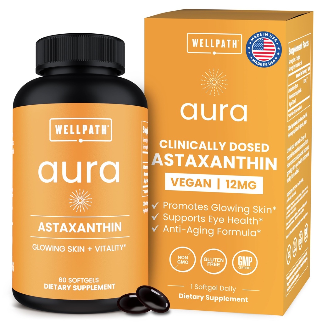 WellPath Astaksantīns 12mg Softgets ; Vegan Astaksantīns Papildinājumi no mikroaļģēm ; Antioksidanti ādas hidrācijai, elasticitātei un acu veselībai; Ne-GMO; Ražots ASV, 2 mēnešu piegādes