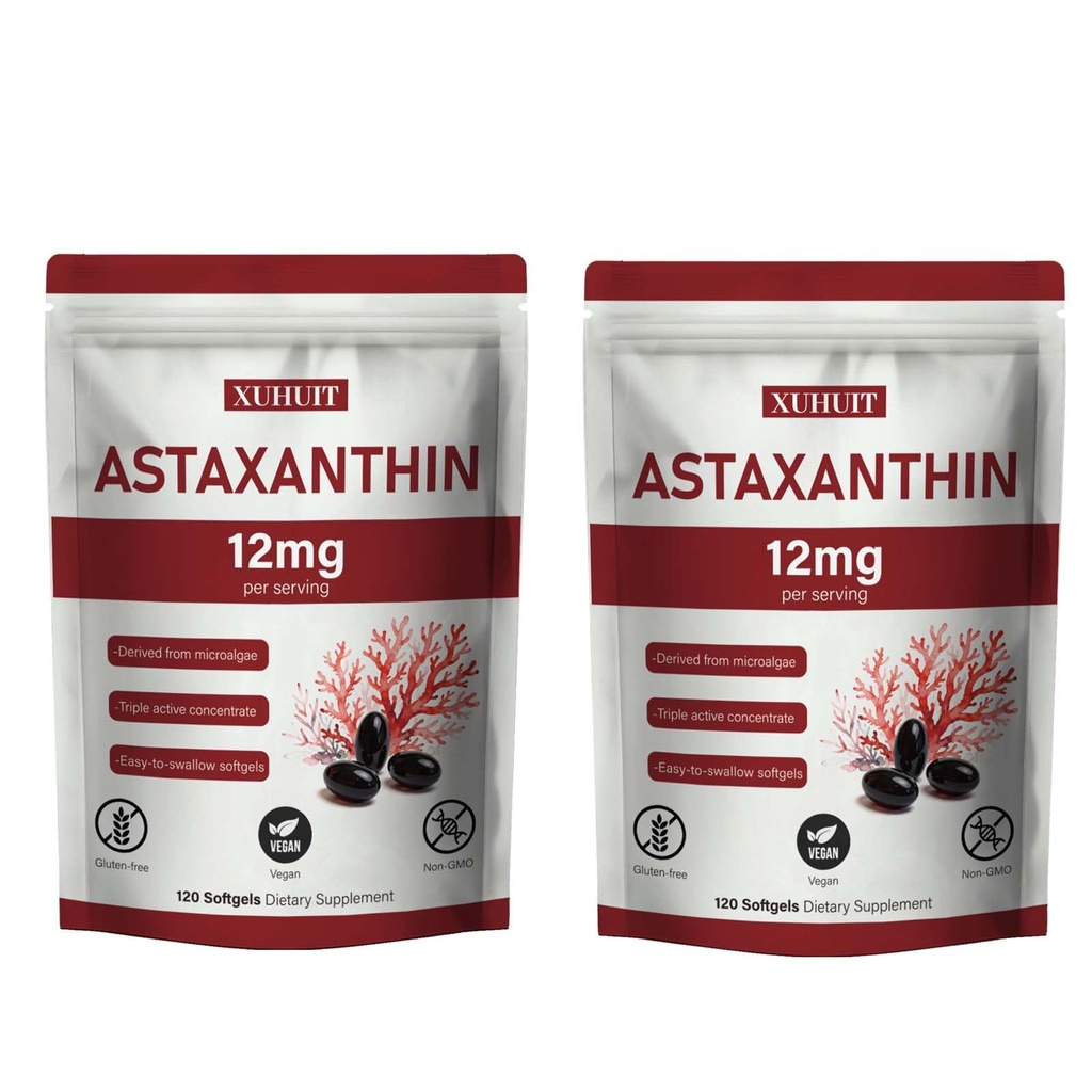 Astaksantīns 12mg Softgels ; dabiskais aļģu-serīta botāniskais ekstrakts (Haematococcus pluvialis)     ; Viegla norīšana, ne-GMO, 120 skaitīšana uz maisu (2)