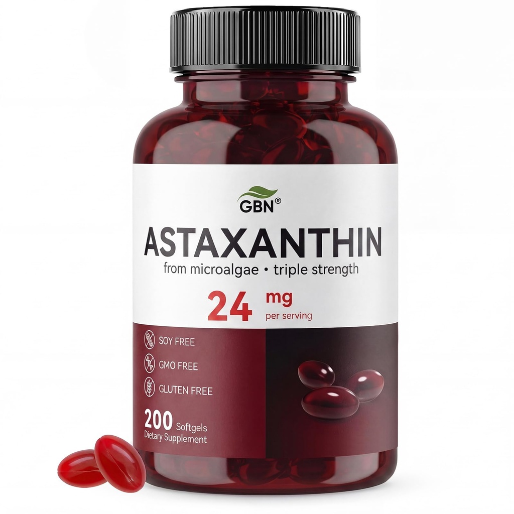 GBN Astaksantīna papildinājumi 24mg 200 Softgels, atbalsta acu, ādas, locītavu, smadzeņu, sirds un imūnās sistēmas veselība, izturība un veselīga novecošana sievietēm un vīriešiem, svaigas mikroaļģes Avots