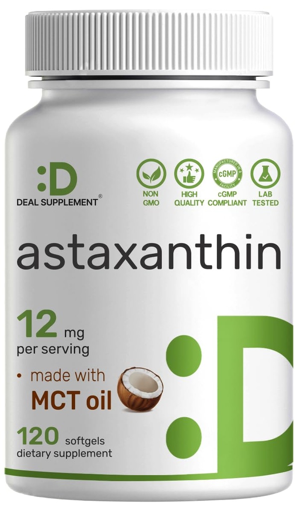 STRATĒĢIJA Astaksantīns 12 mg Per Servē, 120 softgels, Astaksantīns Papildinājums ar MCT Oil, Microalgae Avots, Non-GMO