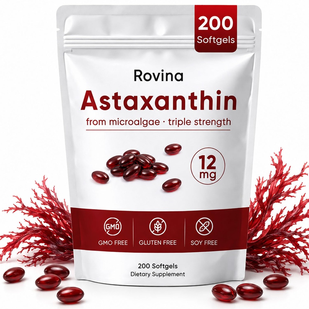 ROVINA Astaksantīns 12mg Softgels, antioksidants papildina acis, ādu, imunitāti, locītavu, iekšējo cirkulāciju, bez GMO un lipekļa - 200 Softgels