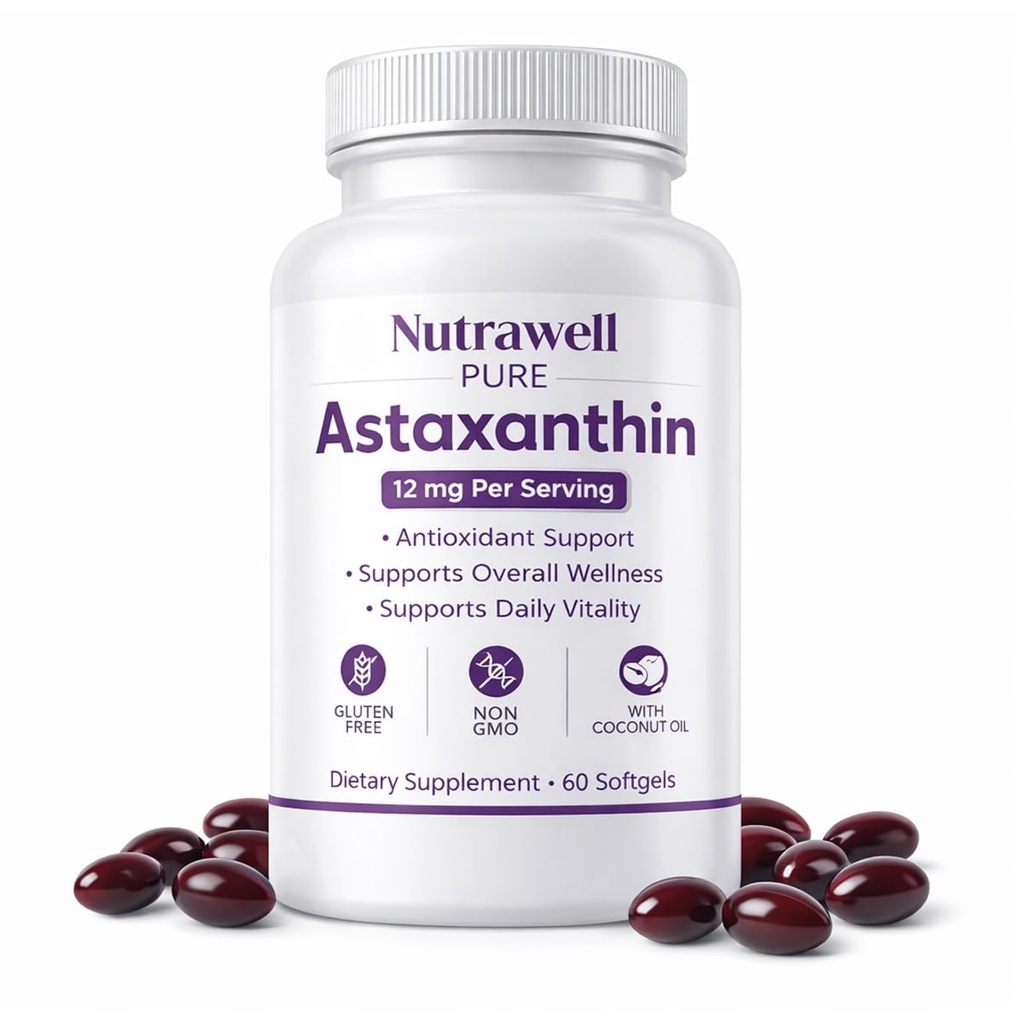 IRMI Nutrawell Astaksantīns 12 mg Softgels, Premium Dabīgais astaksantīns; bez lipekļa; ne-GMO; ikdienas acu un ādas kopšana, 60 mīksti gels