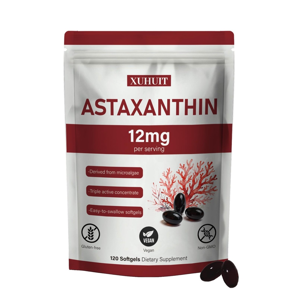 Astaksantīna papildinājums 12mg, 120 Softgels -- Premium Dabīgais astaksantīns Antioksidants no mikroaļģēm -- Augsta stipruma, ne-GMO, bezglutēna un sojas (1)