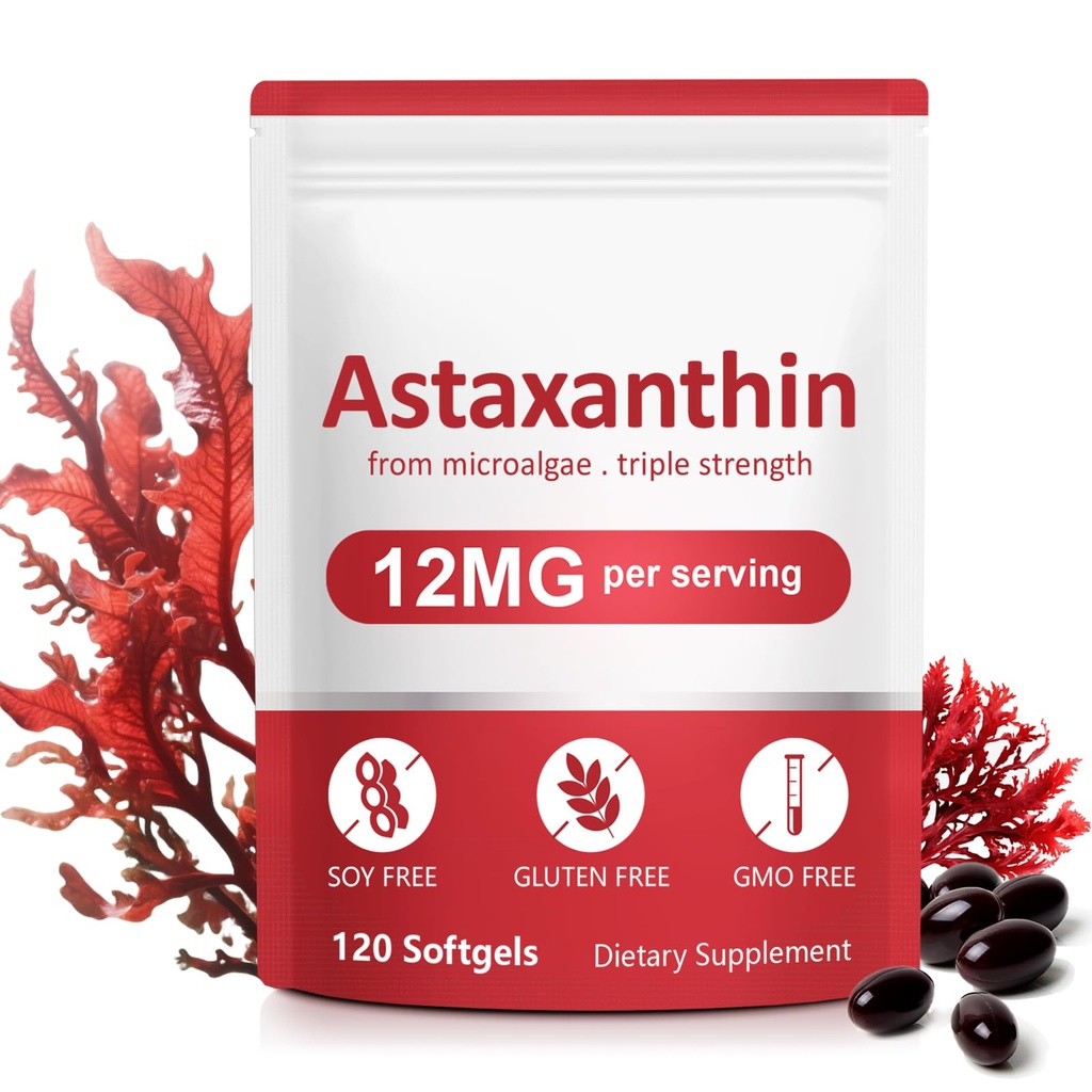 Astaksantīna piedevas, 12mg Astaksantīna dabiskā anti-Aging formula - atbalsta acis, locītavu, iekšējo cirkulāciju un ādas veselību, ne-GMO ne-Gluten