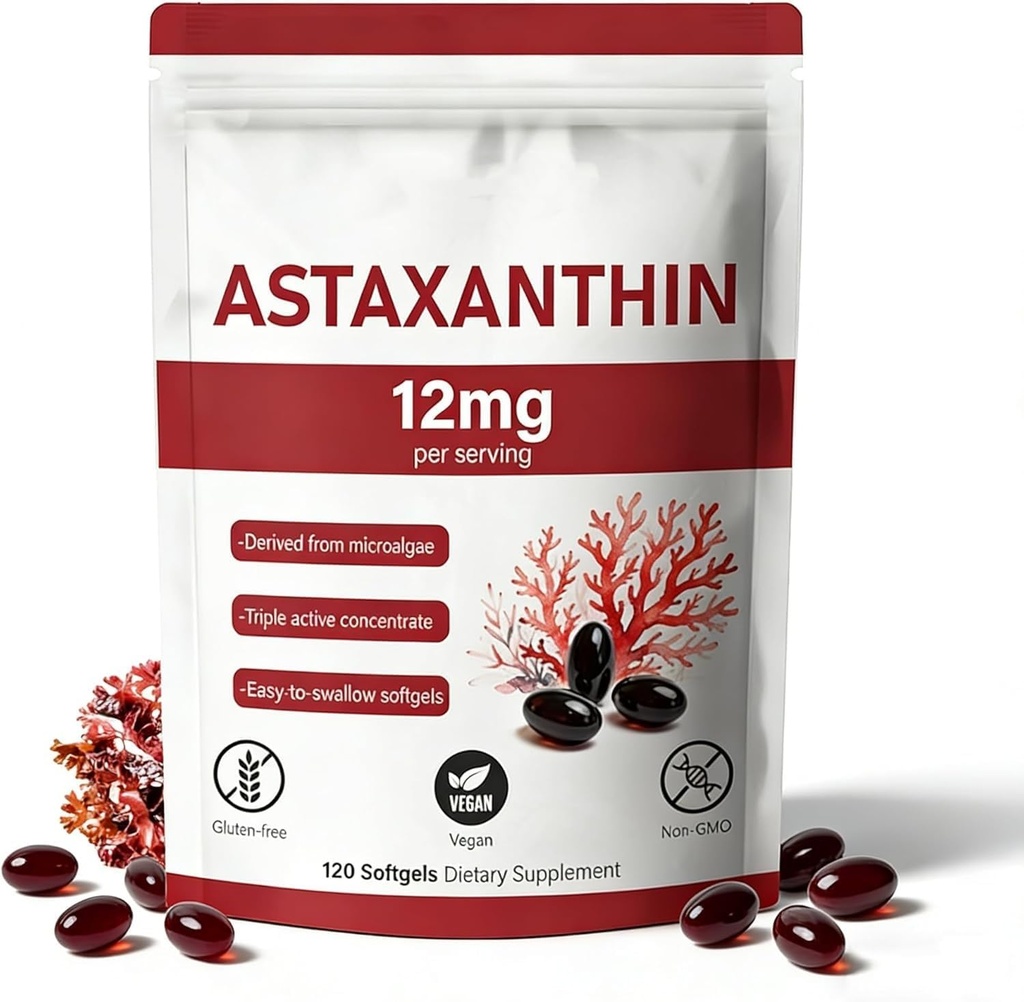 Astaksantīns 12mg, 120 Softgels, Dabīgs mikroaļģu avots, bez GMO lipekļa, 4 mēnešu piegādes