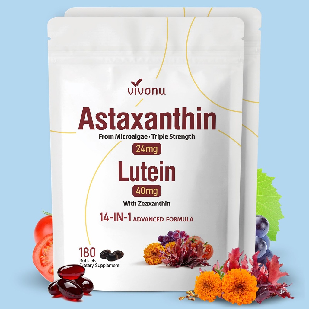 VivoNu 14-in-1 astaksantīns 24mg un luteīns 40mg ar Zeaxanthin papildinājumiem, 12 Mēnešu apgāde, 360 Softgels, 2 Bag