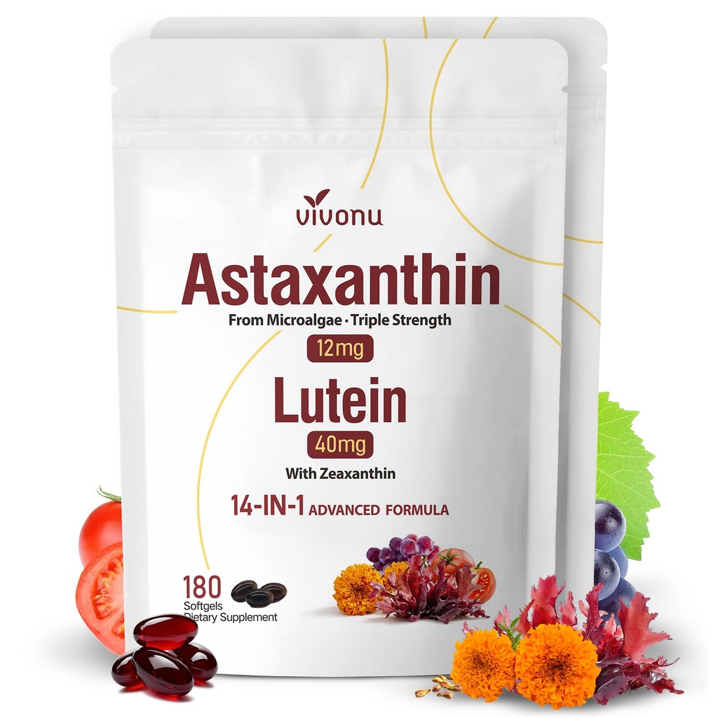14-in-1 Astaksantīns 12mg un luteīns 40mg ar Zeaxanthin bagātinātājiem, 12 mēnešu piegādes, svaiga mikroaļģu avots, atbalsta acu, ādas, antioksidantu, locītavu, cirkulācijas veselību, ne-GMO, bez lipekļa, 2 Bag