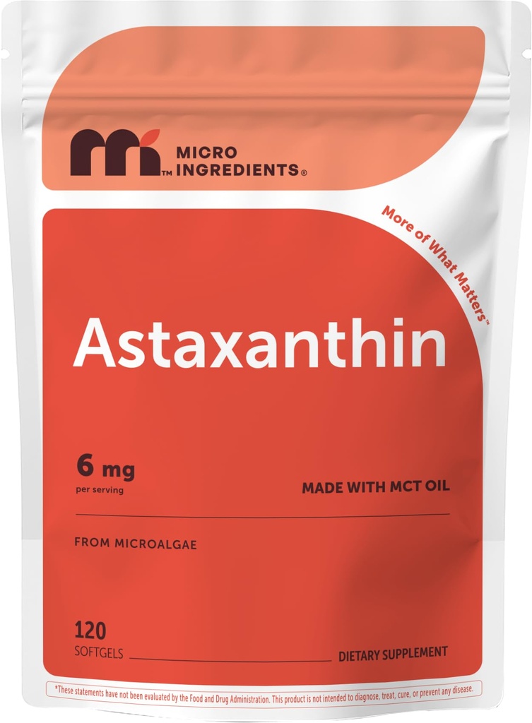 Mikro Sastāvdaļas Astaksantīns 6mg ar MCT Oil, 120 Softgels - Premium Astaksantīns Antioksidants Papildinājumi* - svaiga mikroaļģes Avots - Triple Strength, Non-GMO, bez lipekļa, bez sojas