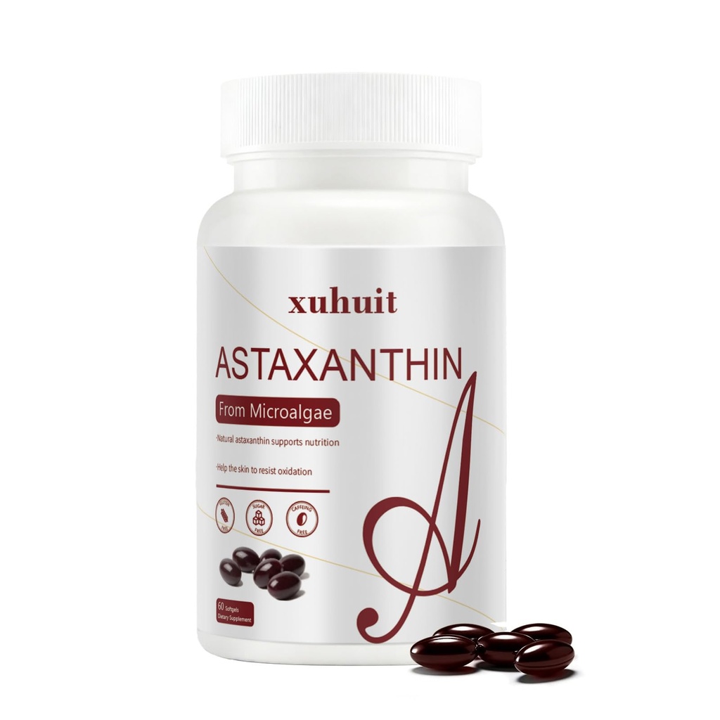 Astaksantīns 12mg 60 Softgels, Dabīgs antioksidants Papildinājums no mikroaļģēm, Bez sojas, Atbalsta ādas veselību, Viegli norīt Softgels, 2 Mēnešu Piedāvājums (1)