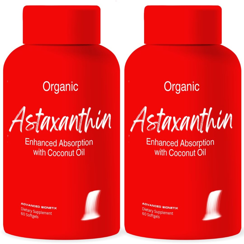 Advanced Bionetix 2 Pack Triple Strength AstaQuilTM Astaksantīns 12mg Augstas biopieejamības formula, 120 Softgels Organiska kokosriekstu eļļa pastiprinātai absorbcijai. Spēcīgs antioksidants acu locītavu sirds veselība