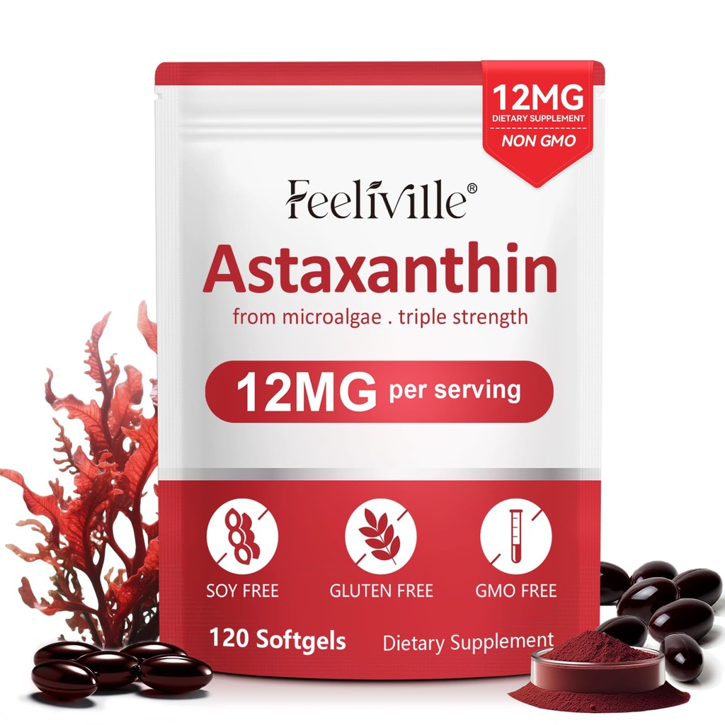 Astaksantīna piedevas, Premium astaksantīns 12mg Antioksidants ar antioksidantu aktivitāti, atbalsta aci, locītavu, imunitāti, ādas veselību, iekšējo cirkulāciju, 1Iepakojums (120 softgeli), ne-GMO un nav lipekļa