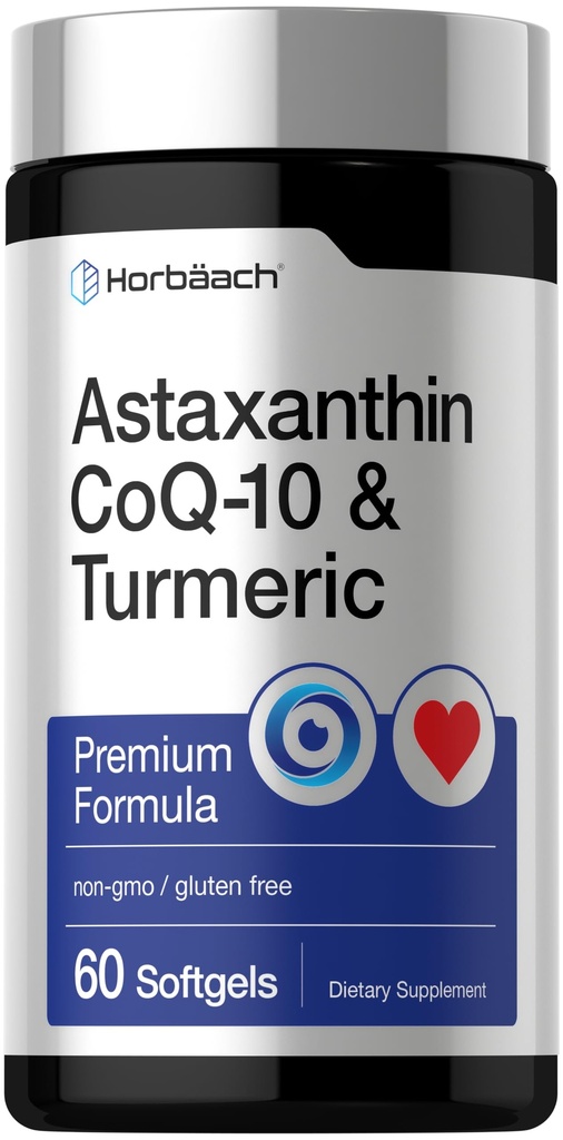 Horbäach Astaksantīns 12mg ; ar CoQ-10 & Turmeric    ; 60 Softgels ; Premium formula, kas nav GMO, bez lipekļa piedevas