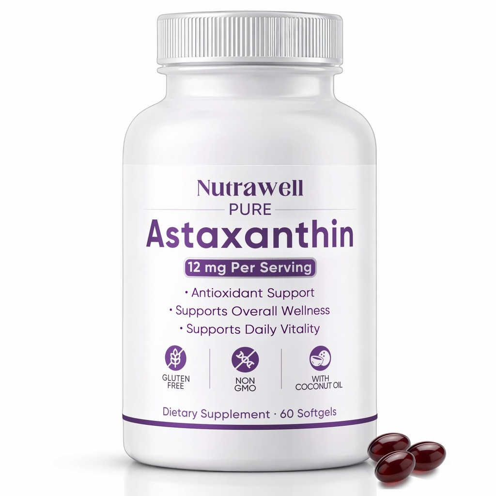 NutraWell Astaksantīns 12mg, ar kokosriekstu eļļu, antioksidantu atbalsta papildinājums, Non-GMO, bez lipekļa, 60 Softgels