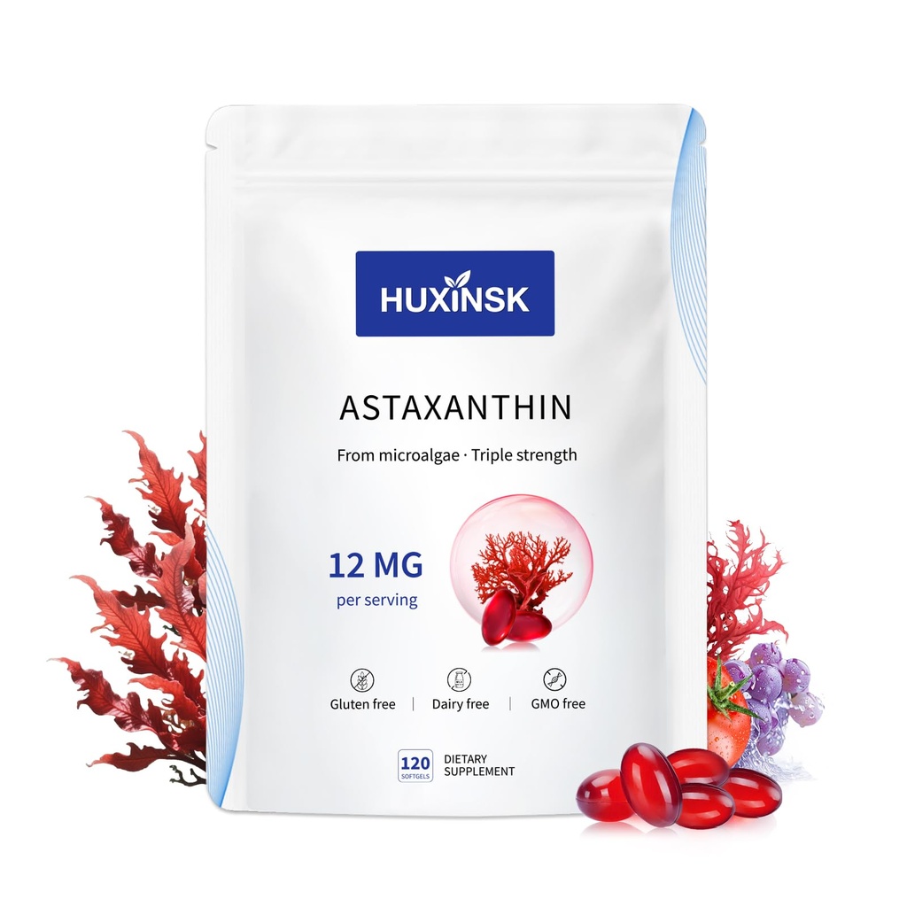 Astaksantīns 12 mg piedevas, 120 Softgel, Max Strength Astaksantīns Antioksidants Papildinājumi Form Fresh Microalgae, 4 Month Supply, Atbalsta acu, ādas, locītavu, smadzenes, sirds un imūnās sistēmas veselība, 1 Bag