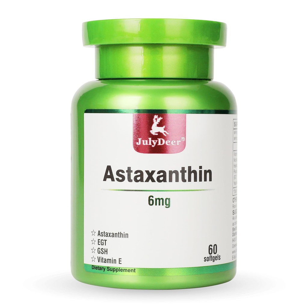JūlijsDeer Astaksantīns 6 mg Per Servē, 60 softgeli – Divkāršā stipruma mikroaļģes – Dabīgais Haematococcus Pluvialis Avots – Antioksidantu piedevas ādai, acīm, locītavām, un Imūnsupport – Ne-GMO