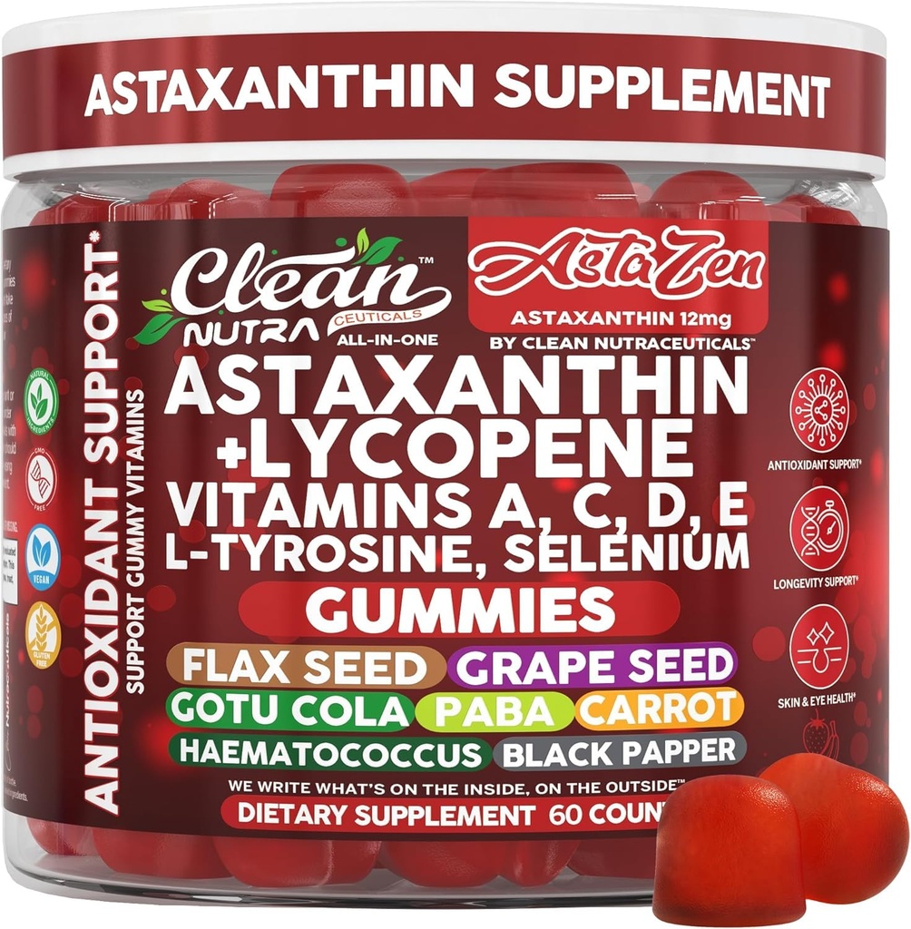 Tīra Nutraceuticals AstaZen Astaksantīns Gumijas 12 mg - ar likopēnu, vitamīni A C D E, L-tirozīns un selēns - antioksidantu atbalsts Gumijas - 60 grāvji