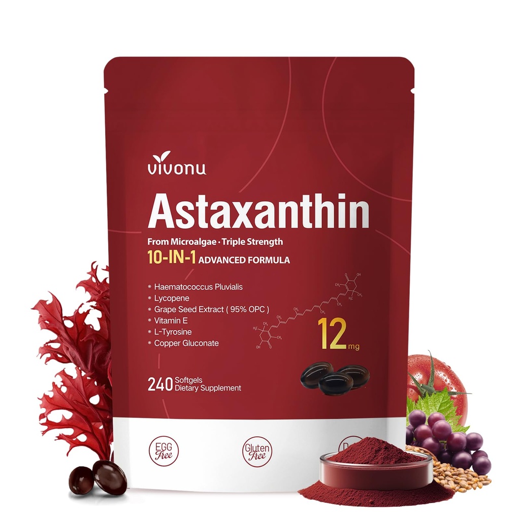 VivoNu Astaksantīns 12 mg piedevas, 240 Softgels, Fresh Haematococcus Pluvialis 10 in 1 Astaksantīns Antioksidantu piedevas, atbalsta acu, ādas, locītavu, smadzeņu, sirds un imūnās sistēmas veselība