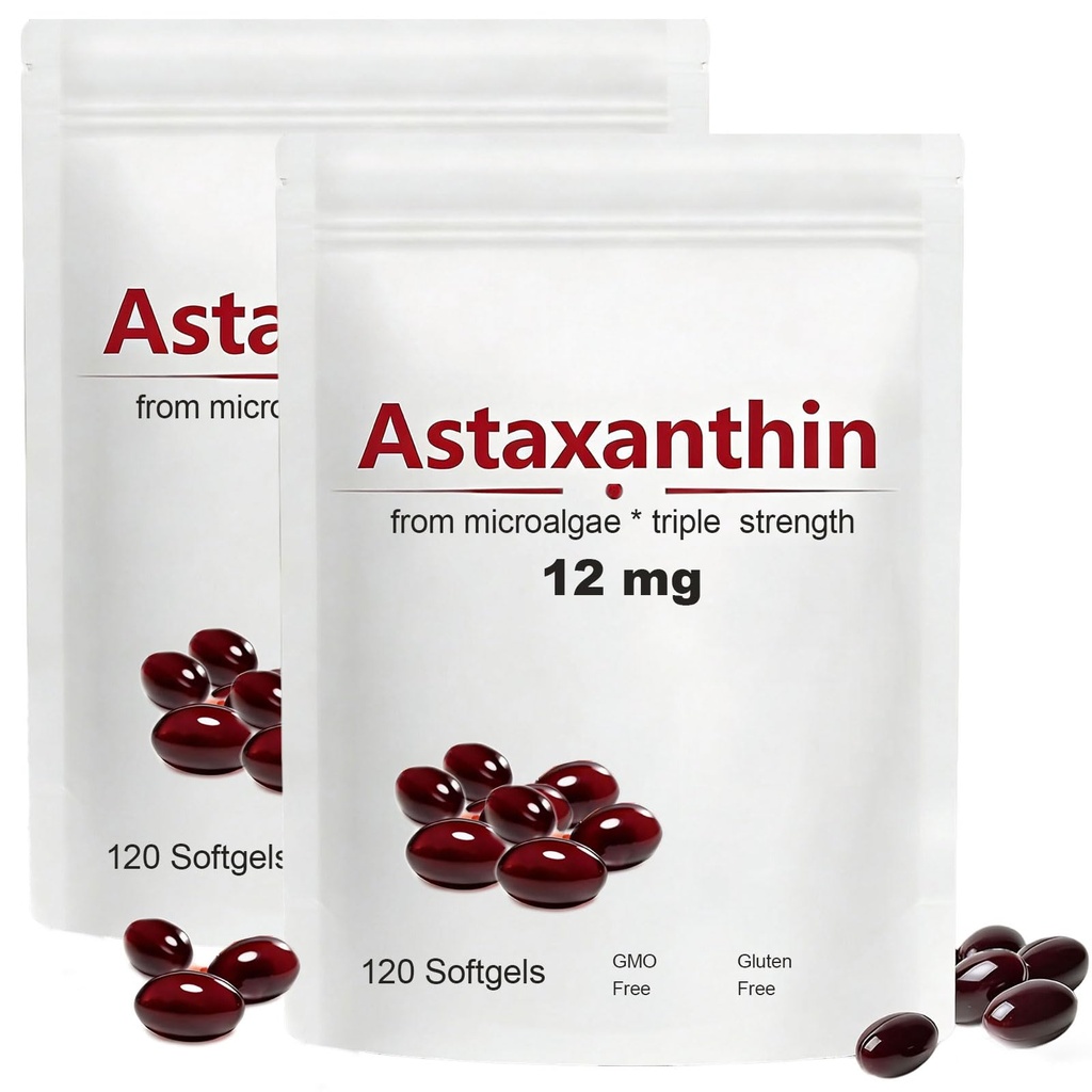 2pack Astaksantīns 12mg, 120 Softgels, Max Strength Antioksidants ar kokosriekstu eļļu, dabas formula, augsta absorbcija acu un ādas atbalstam, dabas formula, nav GMO, bez lipekļa
