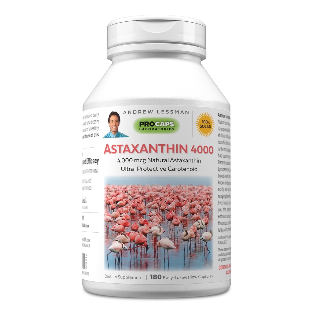 ANDREW LESSMAN Astaksantīns 180 Softgels - 4000 μg Dabiskais astaksantīns, spēcīgs antioksidants karotinoīds. Acu, sirds, ādas un citu orgānu aizsardzība. Nav piedevu. Viegli norīt softgelus