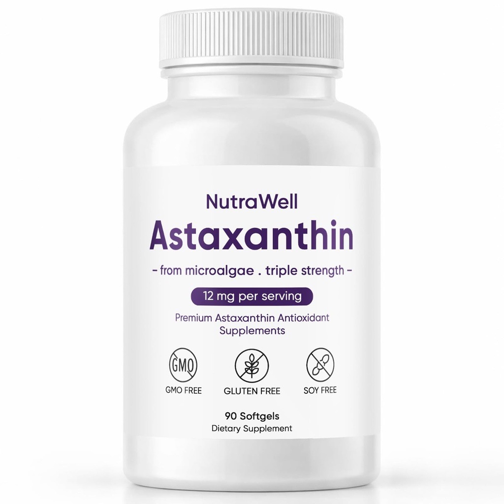 Nutrawell Astaksantīns - Ikdienas antioksidants Labsajūta Papildinājums ar dabiski iegūtu astaksantīna tīru formulu aktīvam pieaugušajam dzīvesveidam Viegli lietojams Kapsulas - 90 softgeli (1)