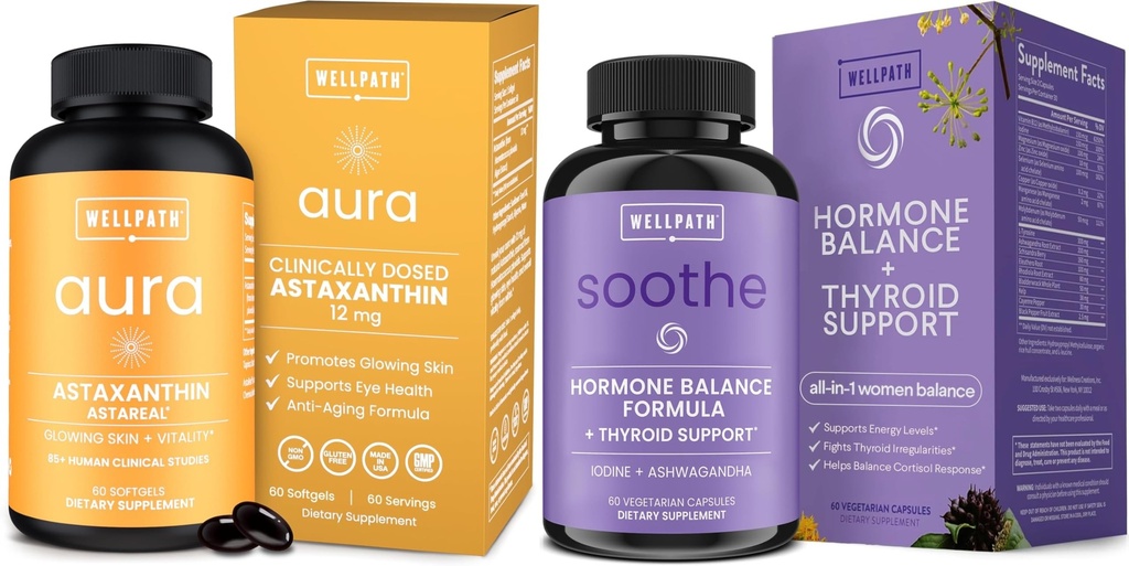 WellPath Astaksantīns 12mg – Dabiskie astaksantīna papildinājumi no Microalgae un Soothe Hormone Balance sievietēm + Kortizola papildinājumi sievietēm 
