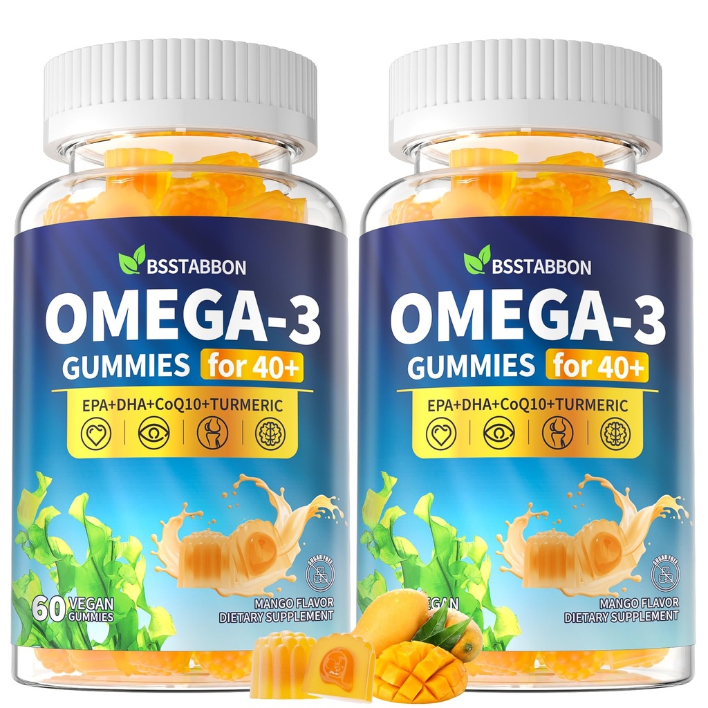 Omega-3 Gumijas Papildinājums pieaugušajiem 40+: 1280mg Vegan Omega3 Taukskābes DHA EPA ar vitamīnu D3 K2 Cinka Turmeric vispārējam veselības atbalstam - Zivju eļļa Alternatīva sievietēm vīriešiem(120Count)