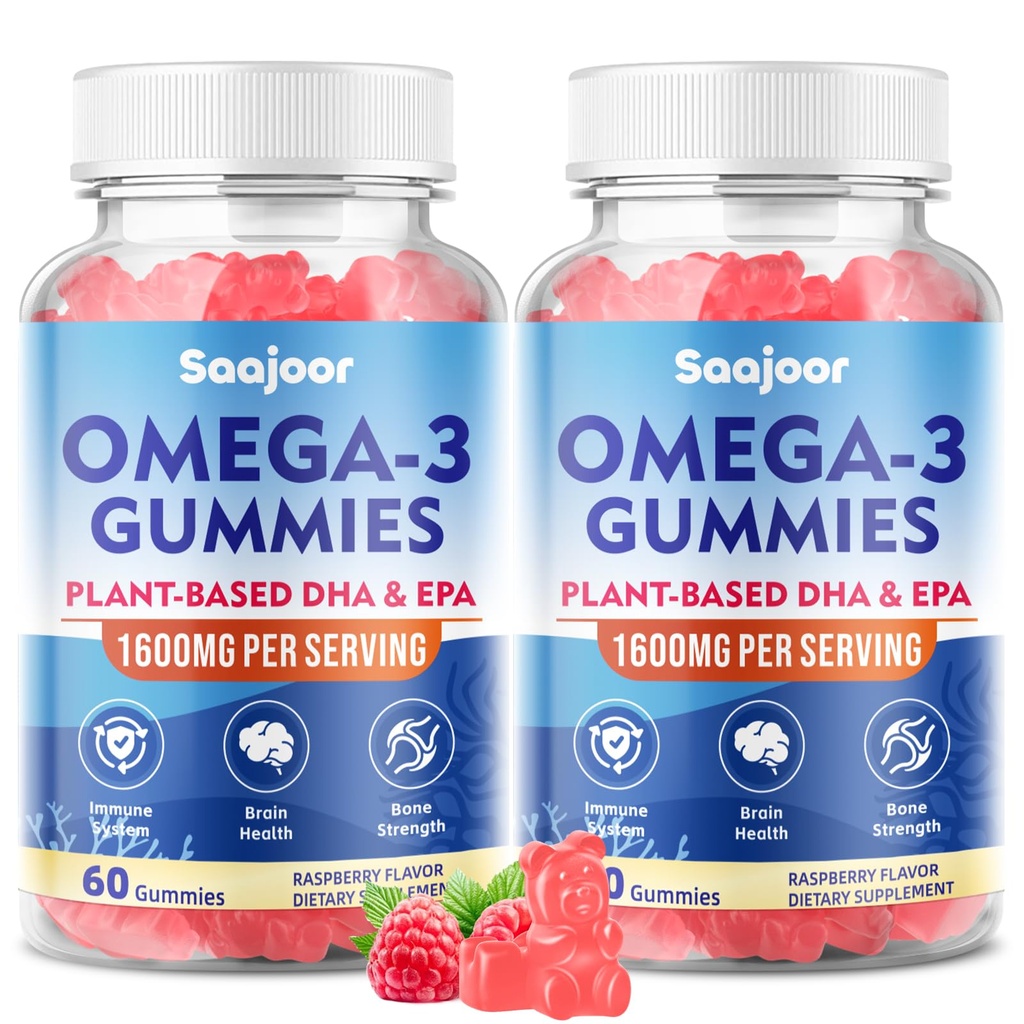 2 Iepakojums Vegan Omega-3 Gummies1000mg pieaugušajiem - bezcukura papildinājums ar 400mg DHA & 600mg EPA, vitamīniem A, C, E un cinku - 120 grāf