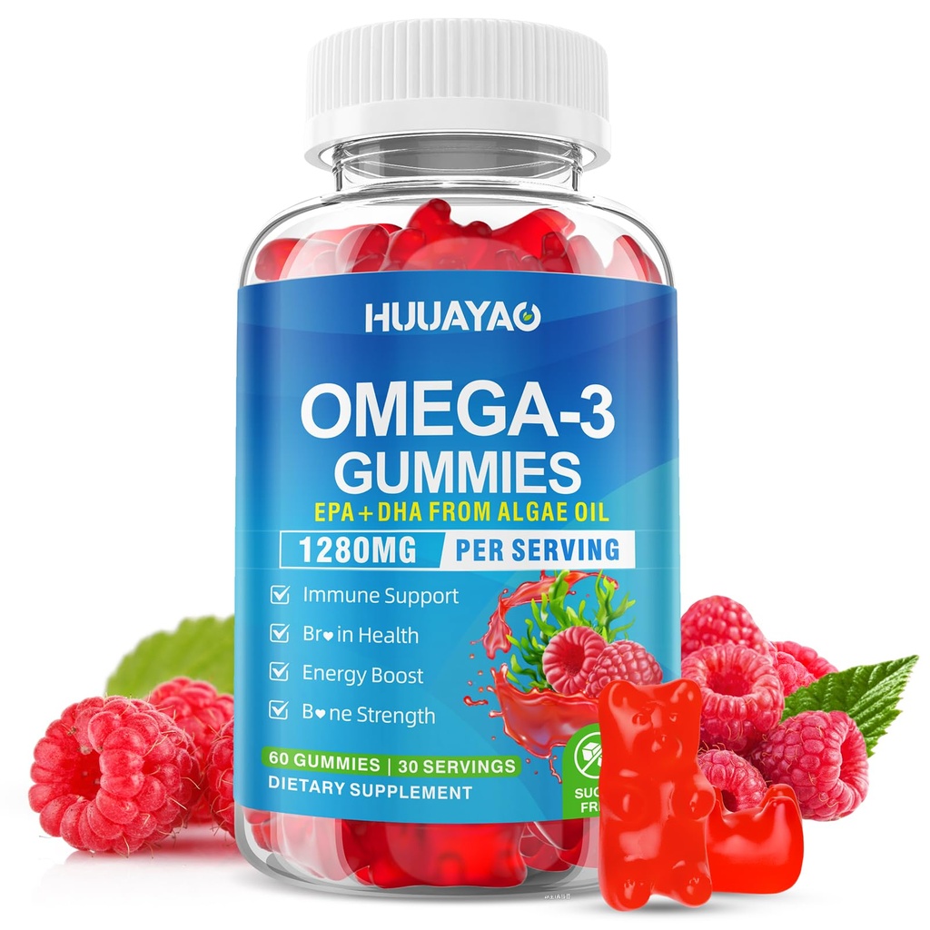 Vegan Omega-3 Gummies 1028mg, Omega 3 Zivju eļļa Alternatīva pieaugušajiem w/EPA 400mg & DHA 600mg & vitamīns A, C, E uztur smadzenes, acu un imūnās veselības, bez cukura, aveņu Flavor, 60 Count