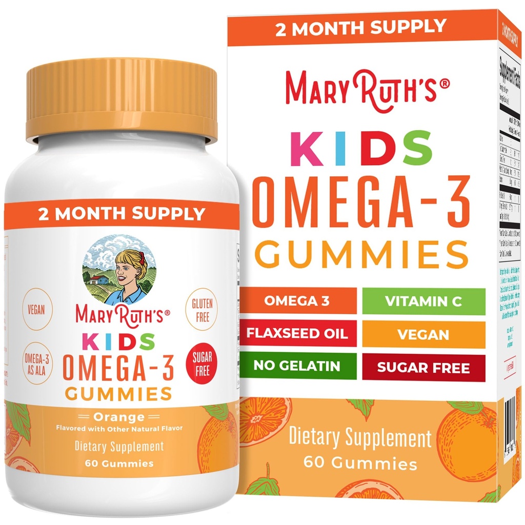 MARYRUTH'S Vegan Omega 3 Gumijas bērniem 2+, 2 mēnešu piegādes, bez cukura, Omega 3 Papildinājums ar vitamīnu C, Linsēklu eļļa, Imūnsupport, Essential Nutrient ALA, No Fish Taste, 60 Count