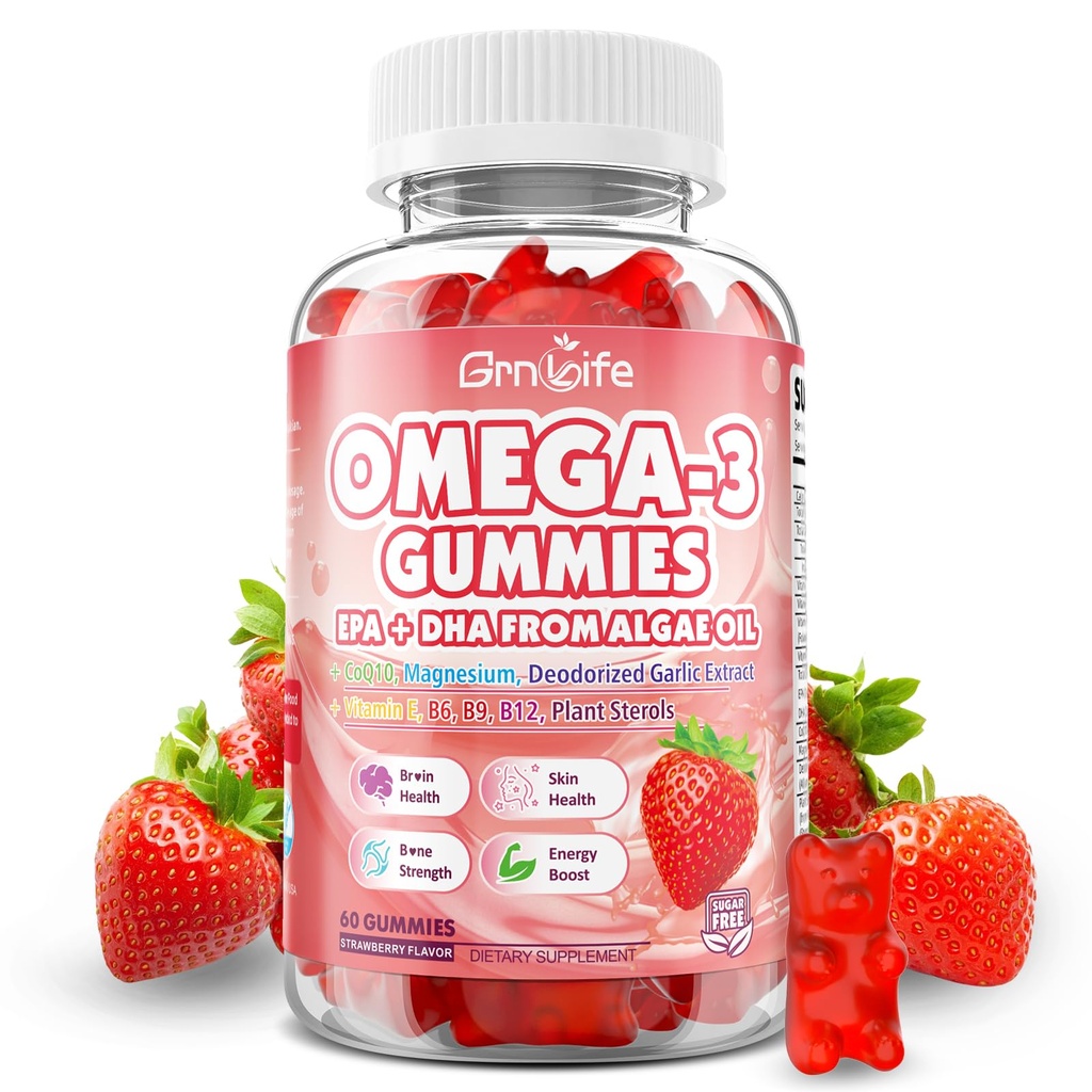 Vegan Omega 3 Gimmies 1000mg + CoQ10 + Magnijs - w/Algae EPA 600mg & DHA 400mg, Zivju eļļa Omega-3 piedevas Alternatīva pieaugušajiem, smadzenēm, acīm, imūnās veselības, zemeņu Flavor, 60 Count