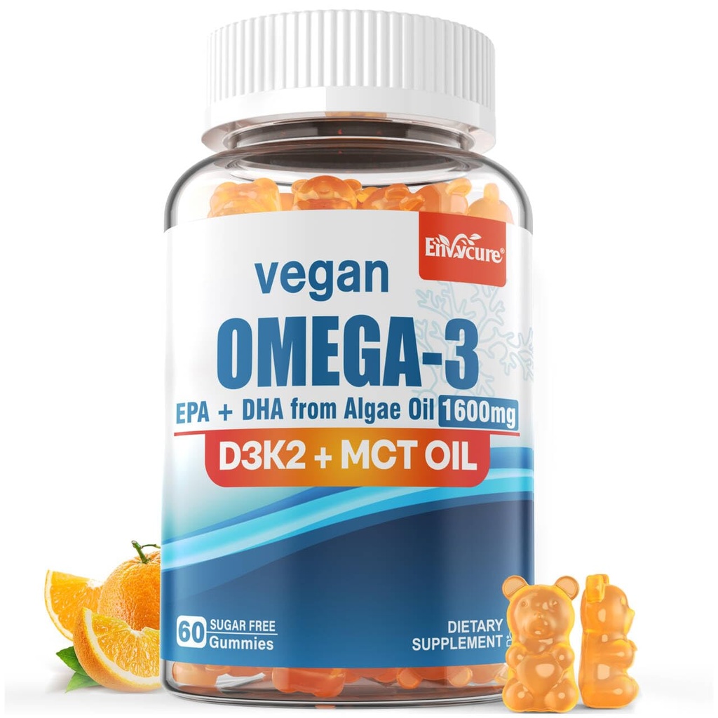 Vegan Omega 3 Gumijas 1280mg + vitamīns D3 K2 (MK7), omega 3 Zivju eļļa Alternatīva pieaugušajiem, EPA 600mg un DHA 400mg, MCT eļļa - bez zivju garšvielām - smadzenēm, acīm, imūnai veselībai, bez cukura, 1 iepakojums