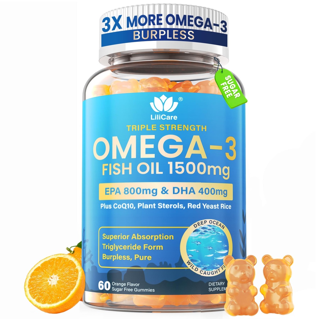 Zivju eļļa Omega 3 Gumijas 1500mg pieaugušajiem - Triple Strength with EPA & DHA, COQ10, Red Yeast Rice - Savvaļas nocirstas Omega 3 Taukskābju piedevas H-ar-t & Brain - bez cukura, bez apvalkiem, 60 grāf