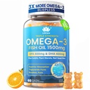 Zivju eļļa Omega 3 Gumijas 1500mg pieaugušajiem - Triple Strength with EPA & DHA, COQ10, Red Yeast Rice - Savvaļas nocirstas Omega 3 Taukskābju piedevas H-ar-t & Brain - bez cukura, bez apvalkiem, 60 grāf